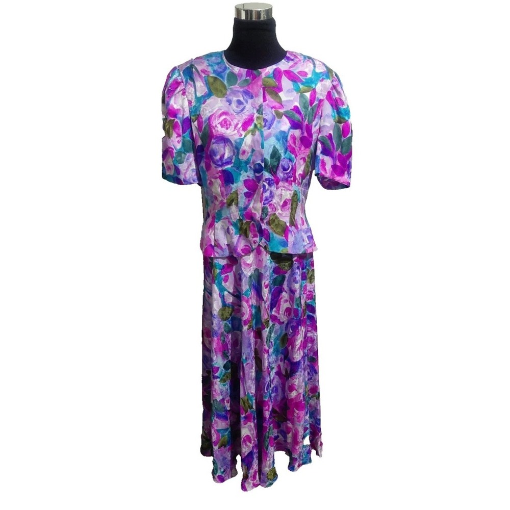 Adrian Pape Vintage 100% Silk Floral 2 Piece Set Top Skirt Purple Teal Size 16